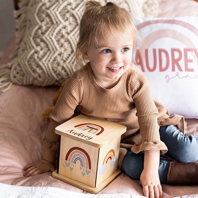 Wooden Piggy Bank for Kids and Adults, Personalized Gift Handmade in USA by BloomOwl, Custom Piggy Bank, Personalized Banks for Kids, Gifts for Baby Boys and Girls (Rainbow)