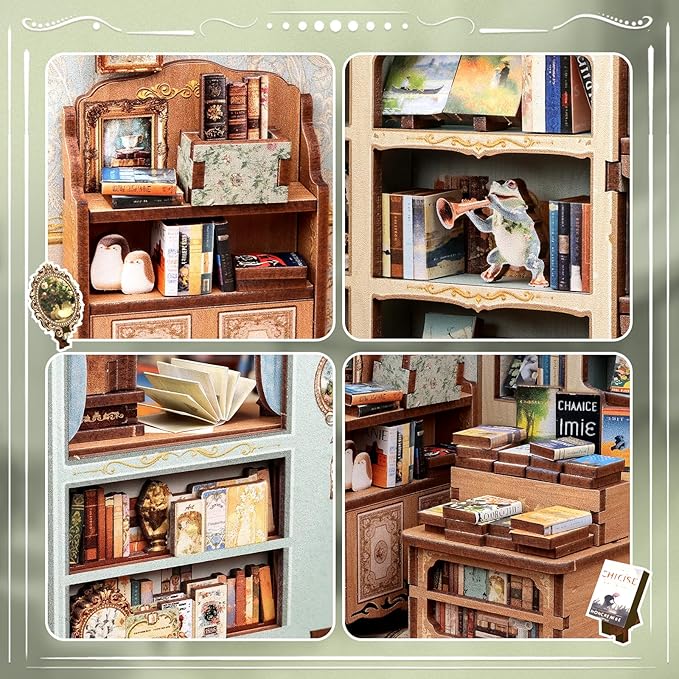 CUTEBEE DIY Book Nook Kit, Miniature House Kits for Adult and Teens, DIY Miniature Book Nook kit with Sensor Led Light, Gifts for Lovers and Family (Muse Bookstore)