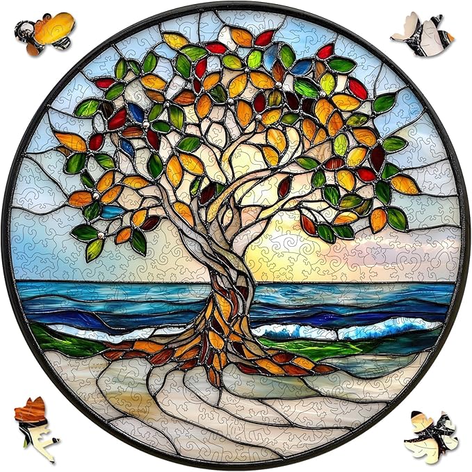 Ruikiyart Wooden Puzzles for Adults, 5MM 500 Pieces Coast Tree Wooden Jigsaw Puzzles, Tree of Life Puzzle Unique Shaped for Adults and Kids on Birthday, Christmas Family Puzzle Games (16.5"*16.5")