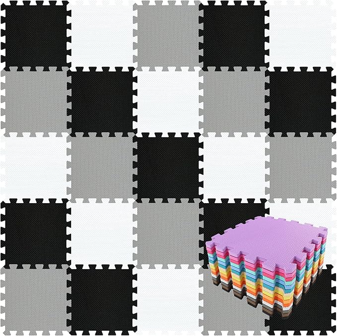 qqpp EVA Rubber 18 Tiles Interlocking Puzzle Foam Floor Mats - Baby Play Mat for Playing | Exercise Mat for Home Workout. White, Black, Gray. QC-ADLb18N