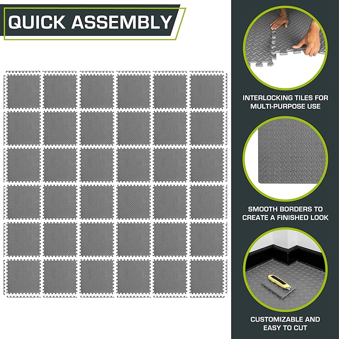 ProsourceFit Puzzle Exercise Mat ½ in, EVA Interlocking Foam Floor Tiles for Home Gym, Mat for Home Workout Equipment, Floor Padding for Kids, Grey, 24 in x 24 in x ½ in, 144 Sq Ft - 36 Tiles