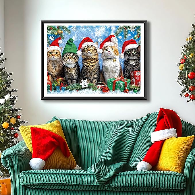 500 Piece Christmas Jigsaw Puzzle for Adults - Cute Cats in Santa Hats & Elf Hat with Unique Shaped Pieces, 23x15 Inch Holiday Puzzle for Home Decor