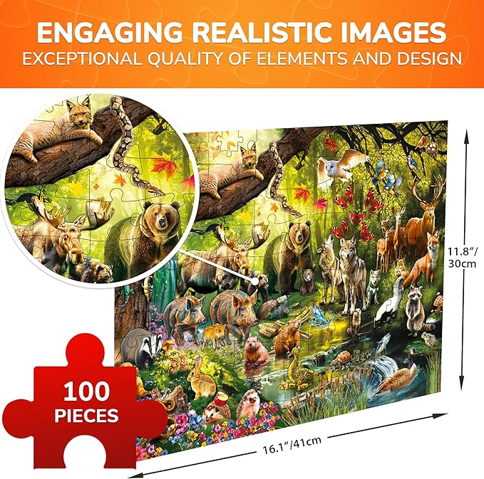 QUOKKA 100 Piece Puzzles for Kids Ages 4-6 – Floor Kids Puzzles Ages 6-8 Year Old – Toy for Learning Wild Forest Animals for 8-10 yo – Jigsaw Toddler Game for Boys & Girls