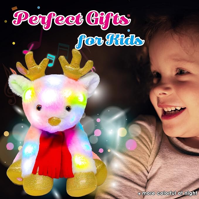 Cuteoy Light-up Singing Plush White Reindeer LED Musical Stuffed Animal Elf Adjustable Volume Lullaby Plushies Birthday Christmas Toy Gifts for Kids Toddler Girls, 13"