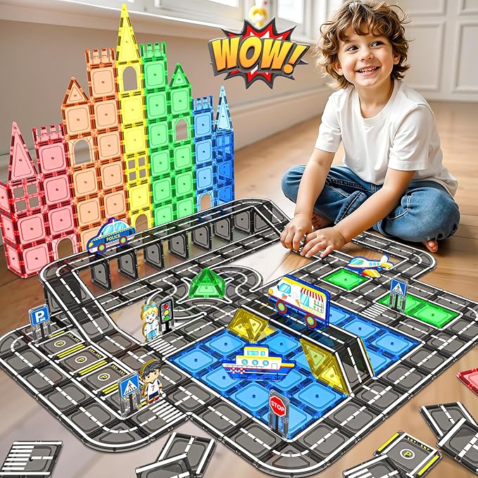 104 PCS Magnetic Tiles Road Set, STEM Construction Toys for Kids Ages 3-5 5-7 4-8, Magnet Building Blocks for Toddler Toys Games, Christmas Birthday Gifts for 3+ Year Old Boys Girls