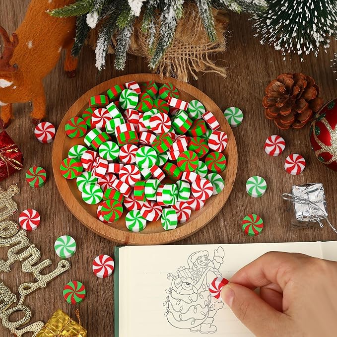 JUNEBRUSHS 150Pcs Christmas Erasers for Kids Bulk, Cute Mini Peppermint Candy Cane Pencil Erasers Novelty Holiday Erasers for Student Classroom Rewards Christmas Prizes Gifts Stocking Stuffers