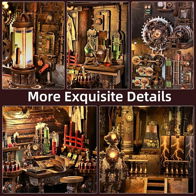 Book Nook Kit, DIY Miniature Dollhouse Booknook Kit, 3D Wooden Puzzle Bookend Bookshelf Insert Decor with LED Light for Teens and Adults (Steampunk Mad Scientist Laboratory)
