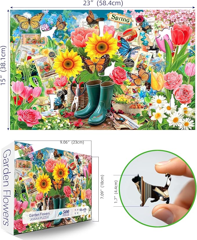 Spring Garden Butterfly 500 Piece Jigsaw Puzzle for Adults Vintage Colorful Flower Art Tulips Sunflowers Puzzle with Letters on Back Fun Family Challenging Games Gift for Seniors (23"x15")