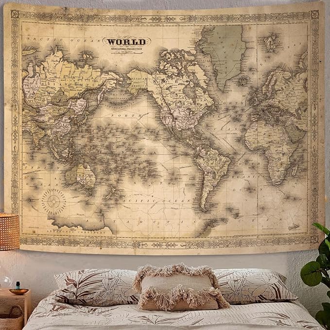 GOAOK Retro Vintage Map World Map Tapestry, 90"x70", Polyester, Wall Mount, Bedroom & Office