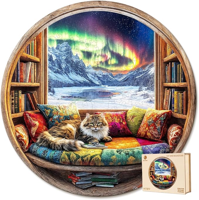 Wooden Puzzles for Adults, Warm Cats and Books Jigsaw Puzzles, Unique Shaped Wooden Puzzle for Adults and Kids, Birthday Gift Family Game.(11.4X 11.4 in 200pcs)