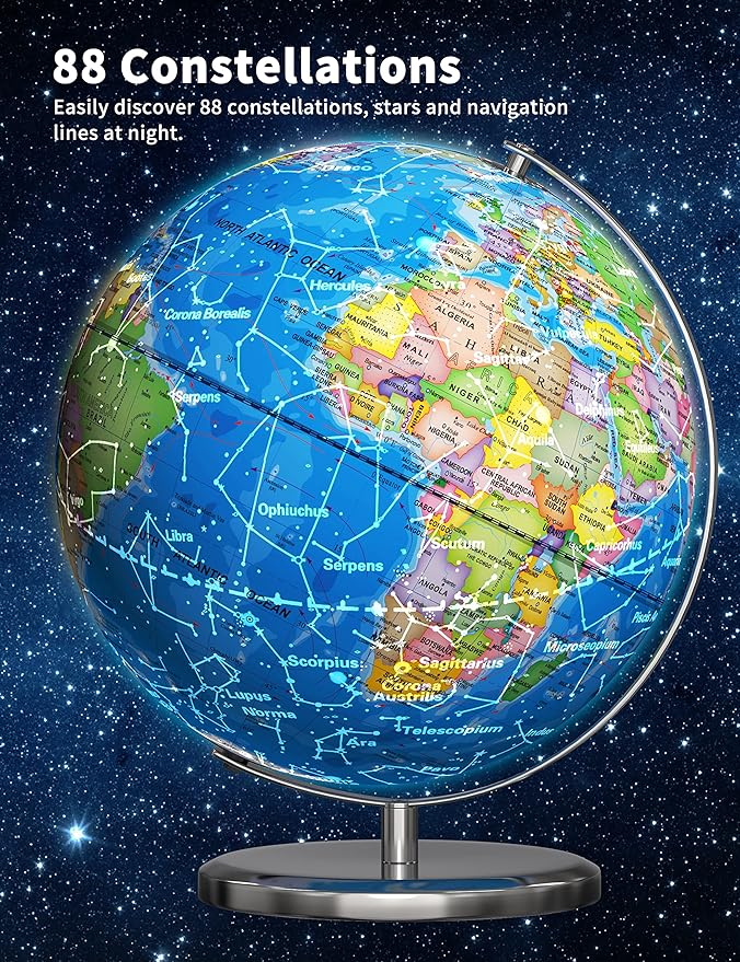 Illuminated World Globe with Stand, 13" Earth Globes with Stable Heavy Metal Base for Kids Classroom Learning, LED Constellation Globe Night Light with HD Printed Map