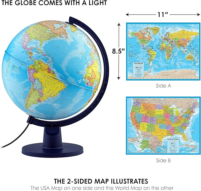 Waypoint Geographic Scout+ Illuminated Map, Kids Interactive Globe with Stand, More than 4000 Places, 12', Bonus Map Included, Blue