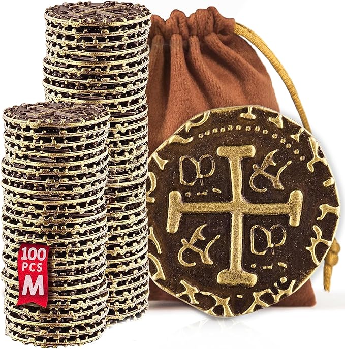 Large Metal Pirate Coins - 100 Bronze Treasure Coin Set, Metal Replica Spanish Doubloons for Pirate Party Decorations & Favors, Tokens, Toys, Cosplay - Pirate Treasure Chest, Diameter 7/8"