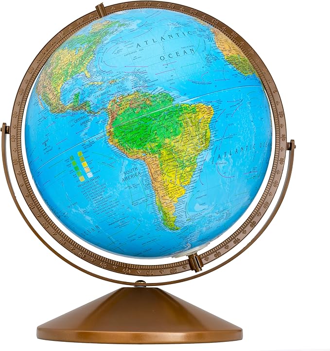 Treasury 12" Diameter Blue Illuminated Globe, USA Cartography, Convertible to Desktop with Raised Mountain Relief and Sturdy Metal Base and Hand Turned Hard Wood Stand.This economical 12” floor model stands 32” high on a durable metal base and attracti...