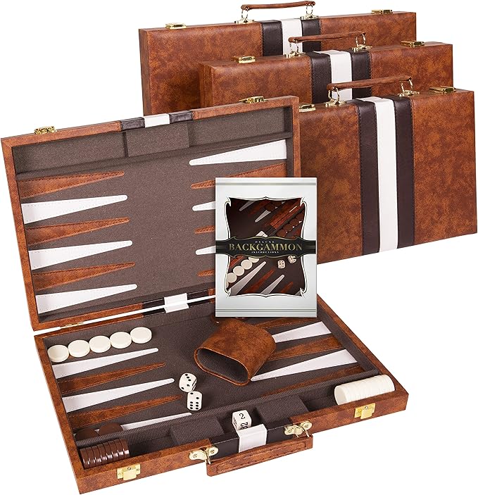 Backgammon Set 18 inch, Large - Classic Board Game for Adults and Kids with Premium Leather Case - Includes Strategy & Tip Guide (Brown)