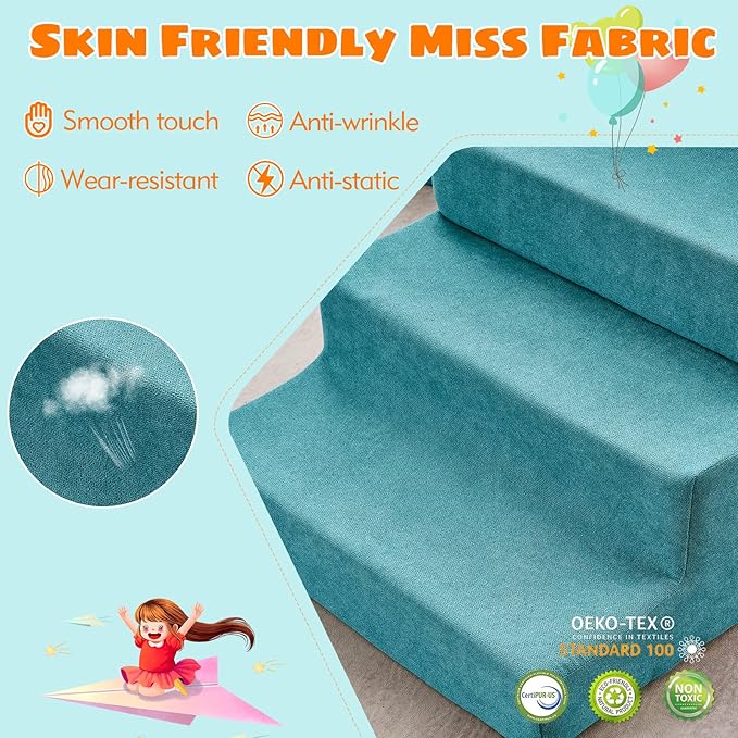 jela Toddlers Climbing Toys Indoor, Toddler Indoor Playset, Safe Soft Foam Climbing Blocks with Slide Stairs, Climbing Toys for Toddlers Luxury Miss Fabric, Soft Couch Slide (Lightblue)