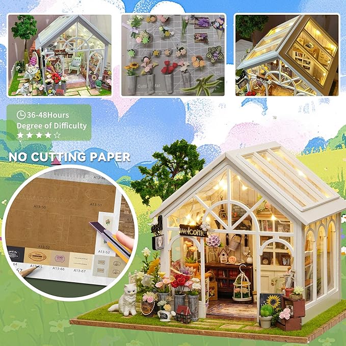 Flever DIY Miniature House Kit, Tiny Home Kit with LED Light, Mini House Build Craft Kits for Adults and Teens, Home Decor Creative Gift for Family/Friends (Sunshine Greenhouse)