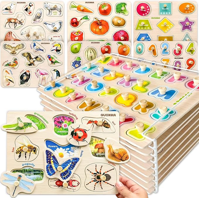 QUOKKA Wooden Puzzles for Toddlers 1-3 - 8 Montessori Toddler Puzzles Ages 2-4 in a Rack - Learning Alphabet Numbers Animals Toy for Kids 3-5 - Wood Games Gift for Boys and Girls