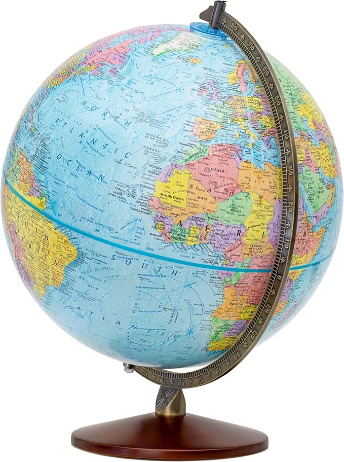 Replogle World Globe with Stand, 12 Inch diameter globe with 3-D Raised Relief Texture. Perfect for Children And Kid's Classroom and home Decor, Made In USA. (Non-Illuminated Presscraft Blue)