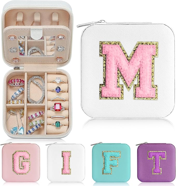 Parima Travel Jewelry Case - Ring, Necklace, Earring Organizer Box With Initial M in White