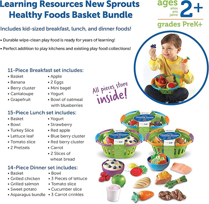 Learning Resources New Sprouts Healthy Foods Basket Bundle - 37 Pieces, Ages 18+ months Pretend Toddler Food, Healthy Play Food for Kids, Toddler Learning Toys