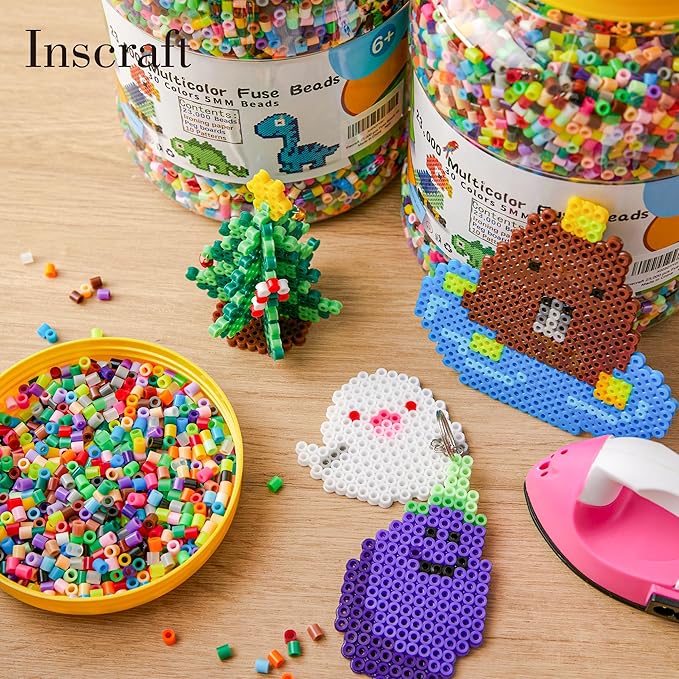 INSCRAFT 27,500 pcs Fuse Beads Kit for Kids Crafts, 30 Colors Iron Beads Set with 3 Pegboards, 5 Ironing Paper, 10 Patterns, Gifts for Birthday Christmas, Multicolor 5mm Melty Beads Bulk Refill Kit