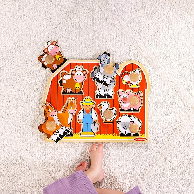 Melissa & Doug Farm Animals Jumbo Knob Puzzle, Wooden Peg Puzzle for Toddlers, Educational Toy for Shape Recognition and Fine Motor Skills, Ages 1+