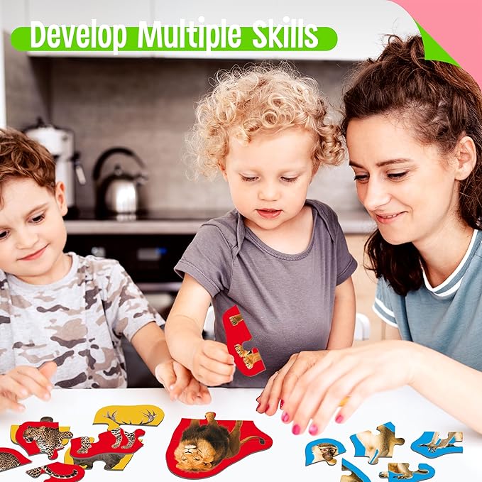 12 Pack Wild Animal Puzzles, 48 Pieces Step-by-Step Animal Jigsaws, Realistic Safari Animal Jigsaw Puzzles with Name Guide Early Learning for Beginner Preschool Toddlers 3+ Years Old
