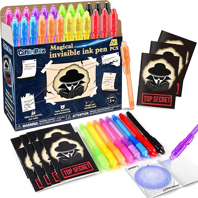 GIFTINBOX Invisible Ink Pens with UV light for Kids, Spy Pen Party Favors for Kids 8-12, 24Pack Invisible Ink Pen and Notebook, Magic Marker for Secret Message Birthday Party Favors for Kid 4-8