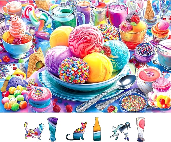 500 Piece Jigsaw Puzzle for Adults Colorful Ice Cream Candy Sweet Dessert with Letters on Back Cool Unique Fun Family ChallengingPuzzles for Seniors Family (23"x15")