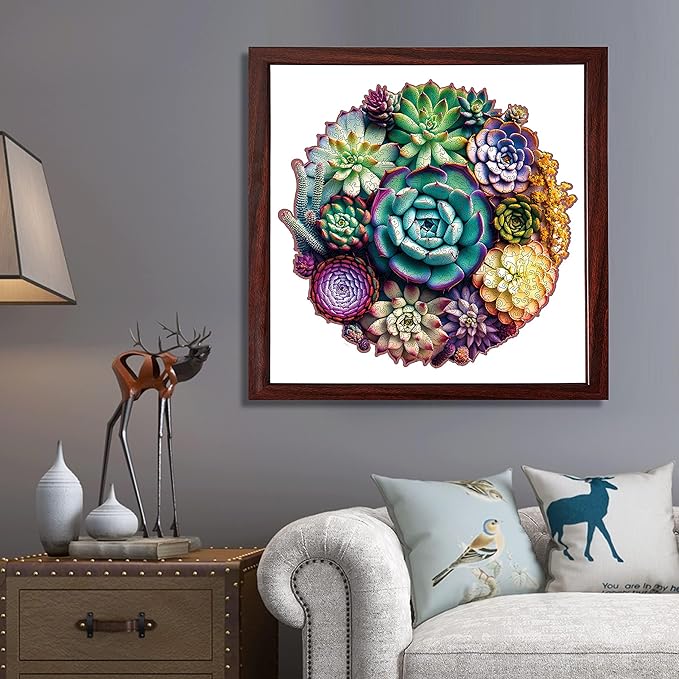 Wooden Jigsaw Puzzles - Mandala Succulent Plants, 100 Piece Luxurious Shaped Wooden Puzzles for Adults and Kids, Family Game, 7.7'' x 7.4''
