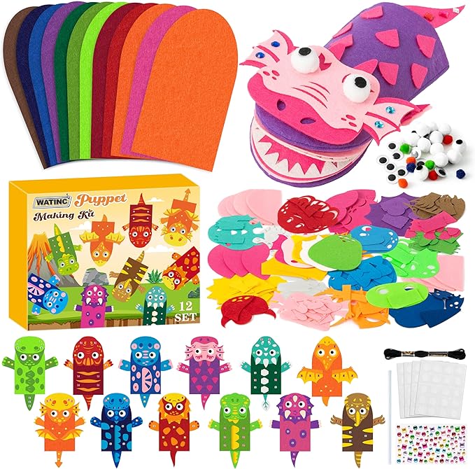 WATINC 12 Pcs Hand Puppet Making Kit, Art Craft Felt Sock Puppet Toys, Creative DIY Make Your Own Pompoms Wiggle Googly Eyes Storytelling Role Play Party Supplies Gift for Girls Boys (Dinosaurs)