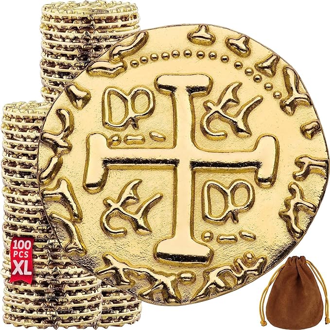 Large Metal Pirate Coins - 100 Gold Treasure Coin Set, Metal Replica Spanish Doubloons for Pirate Party Decorations & Favors, Tokens, Toys, Cosplay - Pirate Treasure Chest, Size 1.18"