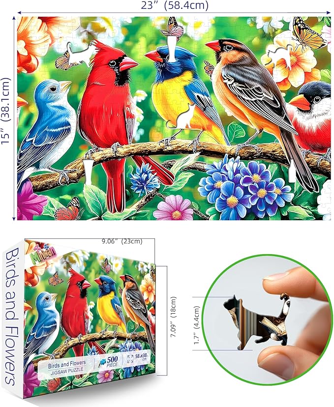 500 Piece Bird Jigsaw Puzzle for Adults - 23x15 Inch Vibrant Cardinal & Blue Bird with Flowers & Butterflies, Unique Art Puzzle for Home Decor & Gift