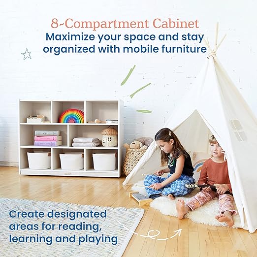 ECR4Kids 8-Compartment Mobile Storage Cabinet, 36in, Classroom Furniture, White Wash