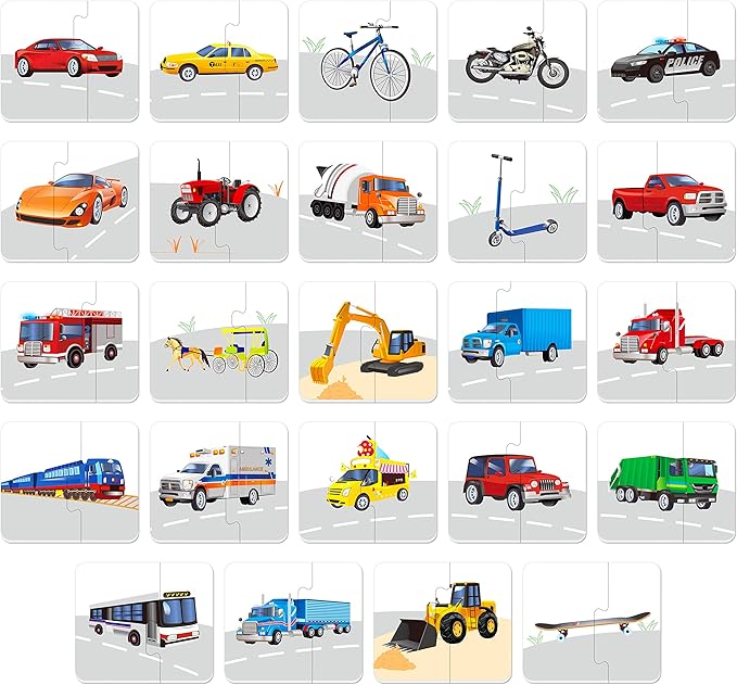 48 Vehicle Matching Puzzles with Error-Correction Mechanism Pre-Primer in 2 Pieces, Perfect for Preschool Learning (24 Blocks Double Sided)
