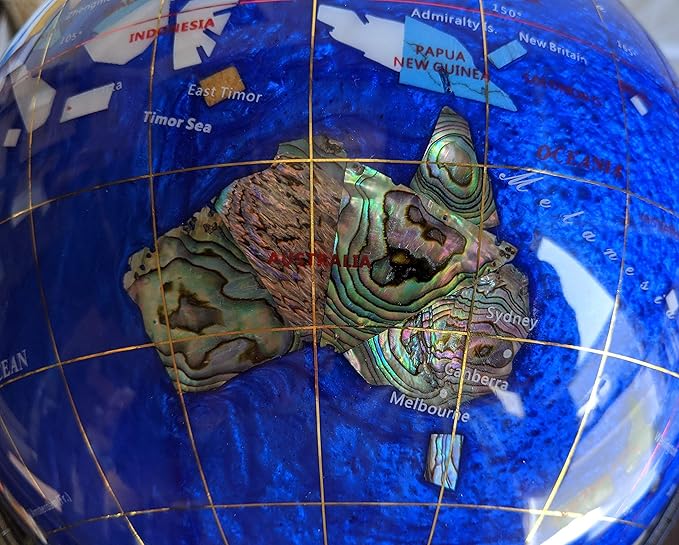 Limited Edition! Unique Art Since 1996 Blue Pearl Swirl Table Top Gemstone World Globe with Silver Zinc Alloy Stand (220MM/9 INCHES 4 LEG/BLUE PEARL OCEAN)