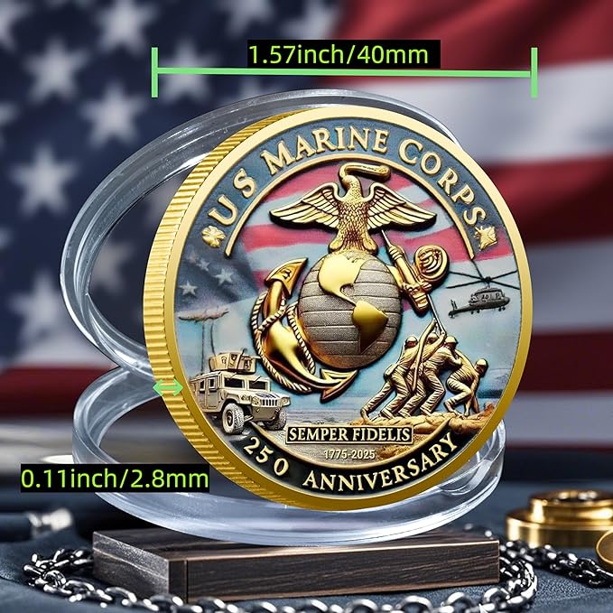 USMC 250th Anniversary Challenge Coin (1.57 Inch) – Double-Sided Collectible Military Coin for Veterans, Active Duty & Marine Corps Enthusiasts (5PCS)