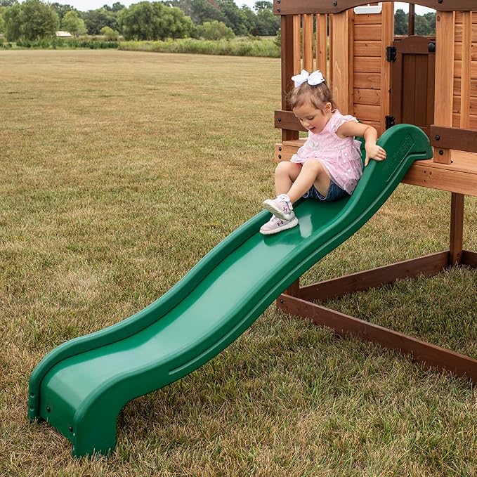 Backyard Discovery Echo Heights Elevated Cedar Wooden Kids Playhouse with Wave Slide, Play Kitchen, Wrap-Around Deck, Flat-Step Ladder, Half Door, Windows, Bell, and Growth Chart for Outdoor Play