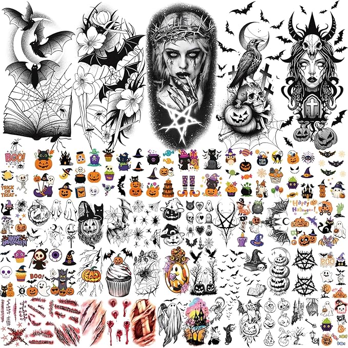 77 PCS Halloween Temporary Tattoos Adult Kids, 17 PCS Half Sleeve Pumpkin Bat Crow Witch Skull Fake Tattoos, 60 PCS Spider Cat Ghost Scar Tiny Realistic Face Body Tattoos Stickers