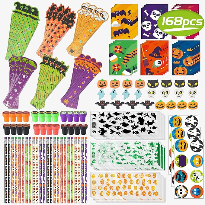 Shemira Halloween Party Favors for Kids,168pcs Halloween Stationery gift kit,Halloween Miniatures Prizes,Trick or Treating Goodie Bag Fillers including Notepad,Stamper,Sticker,Pencil,Eraser,Ruler
