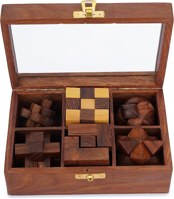Ajuny Wooden Puzzles Box Set (6 Games) Brain Teaser for Teens & Adults, IQ Test Interlocking 3D Puzzles, Handcrafted Rustic Patio Decor, Unique Gift for Christmas and Birthdays