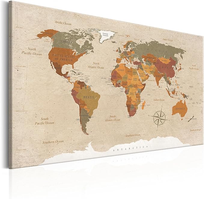 artgeist Pinboard World Map 35x24 in - Cork Board & Canvas Print Wall Art 1 pcs Memoboard with 50 Pins Noticeboard Message Board Image Picture Home Decor Travel Map k-C-0048-p-d