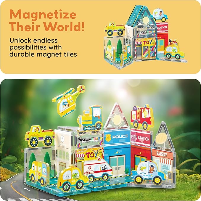 PicassoTiles Magnet Tile Building Blocks Metro City Themed Playset with 8 Character Action Figures Magnetic Tiles STEM Learning Early Education Toy Construction Set Toddlers Boys Girls Ages 3+ PTQ24