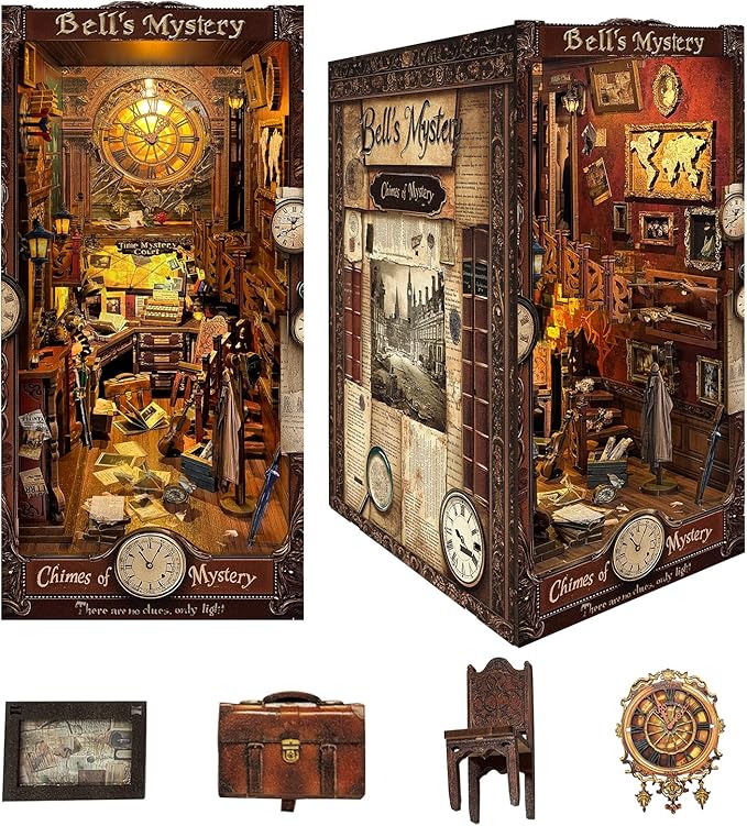 DIY Book Nook Kit, DIY Miniature Dollhouse Kits for Adults and Teens, Book Nook Bookshelf Insert Decor 3D Wooden Puzzle Bookend Miniature Kit with Sensor Light Creative Craft(Bell's Mystery)