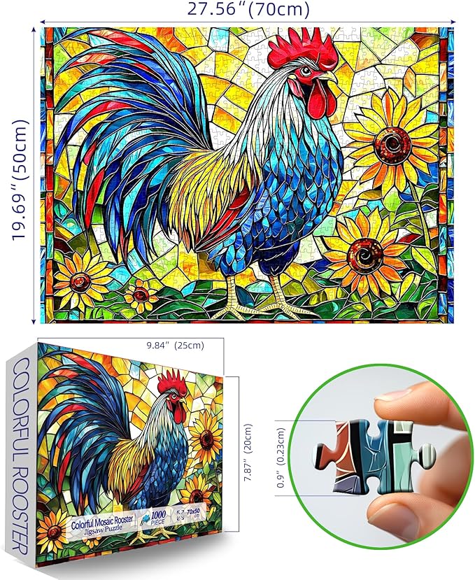 Stained Glass Rooster Puzzles for Adults 1000 Pieces Colorful Rooster Puzzle for Adults Mosaic Jigsaw Puzzles1000 Pieces with Letters on Back Hard Impossible Difficult Challenging Family Puzzle