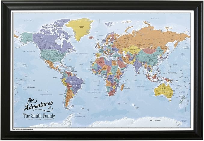 Personalized Canvas World Map Pin Board Wall Art with Pins – Large 24" x 36" Blue Oceans Map of the World with Black Frame – Push Pin Travel Decor for Home or Office