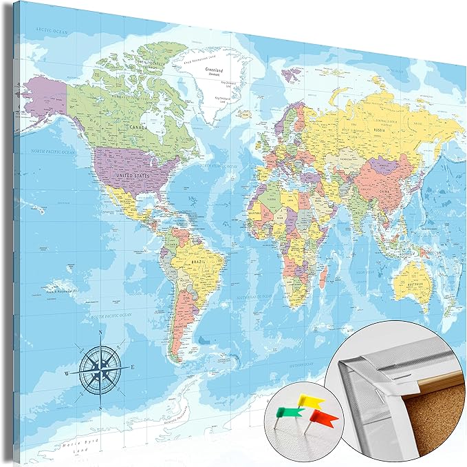 artgeist Pinboard World Map 35x24 in - Cork Board & Canvas Print Wall Art 1 pcs Memoboard with 50 Pins Noticeboard Message Board Image Picture Home Decor Travel Map Map of The World k-C-0128-p-a