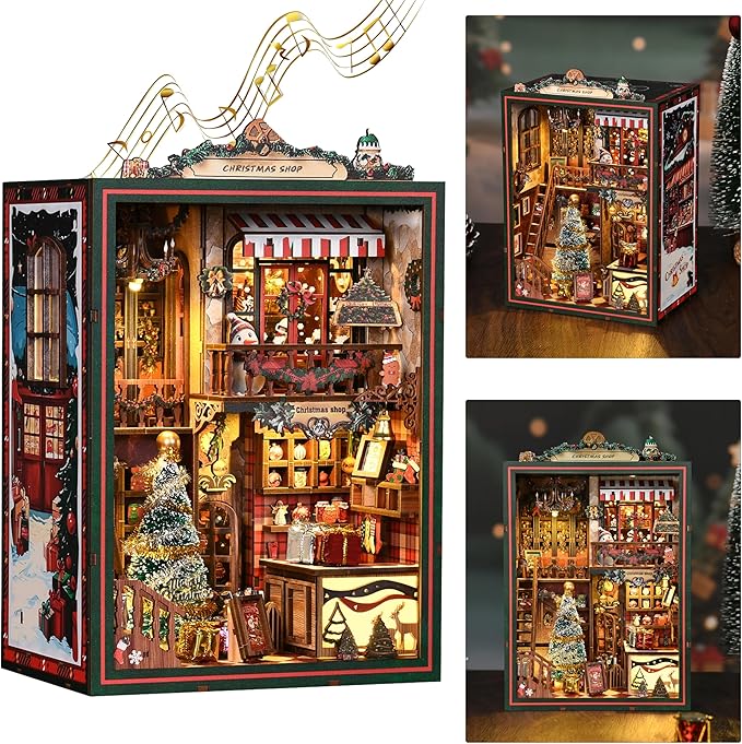 ISSEVE Book Nook Kit - DIY Miniature House Kit for Adults Teens Beginners, Christmas Dollhouse Booknook with Music Mechanism Tiny House Bookshelf Decoration 3D Wooden Puzzles (Christmas Shop)