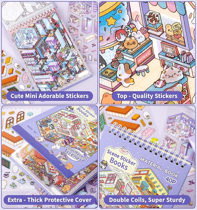 DIY 3D House Stickers, 4 Sets Fun DIY Stickers Scene Make Your Own Mini House Cute Cartoon Animal Scene Stickers for Kids Adult Sticker Art Relief Stress Pass The Time-20 Sets